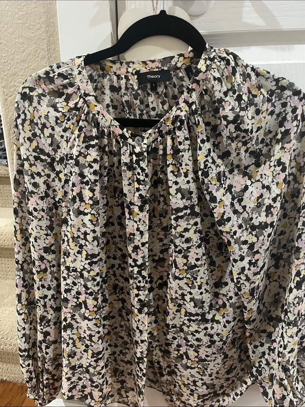 Theory Floral Long-Sleeve Blouse in Pink, Black & Cream